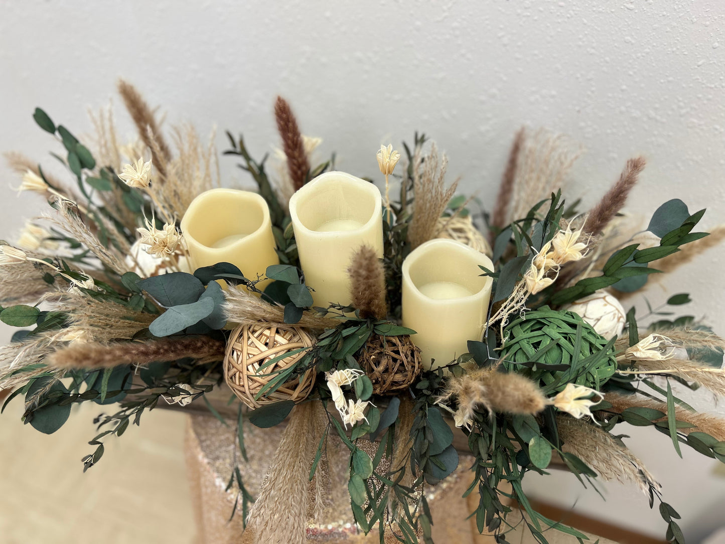 Pampas and Eucalyptus Candle Trio Centerpiece