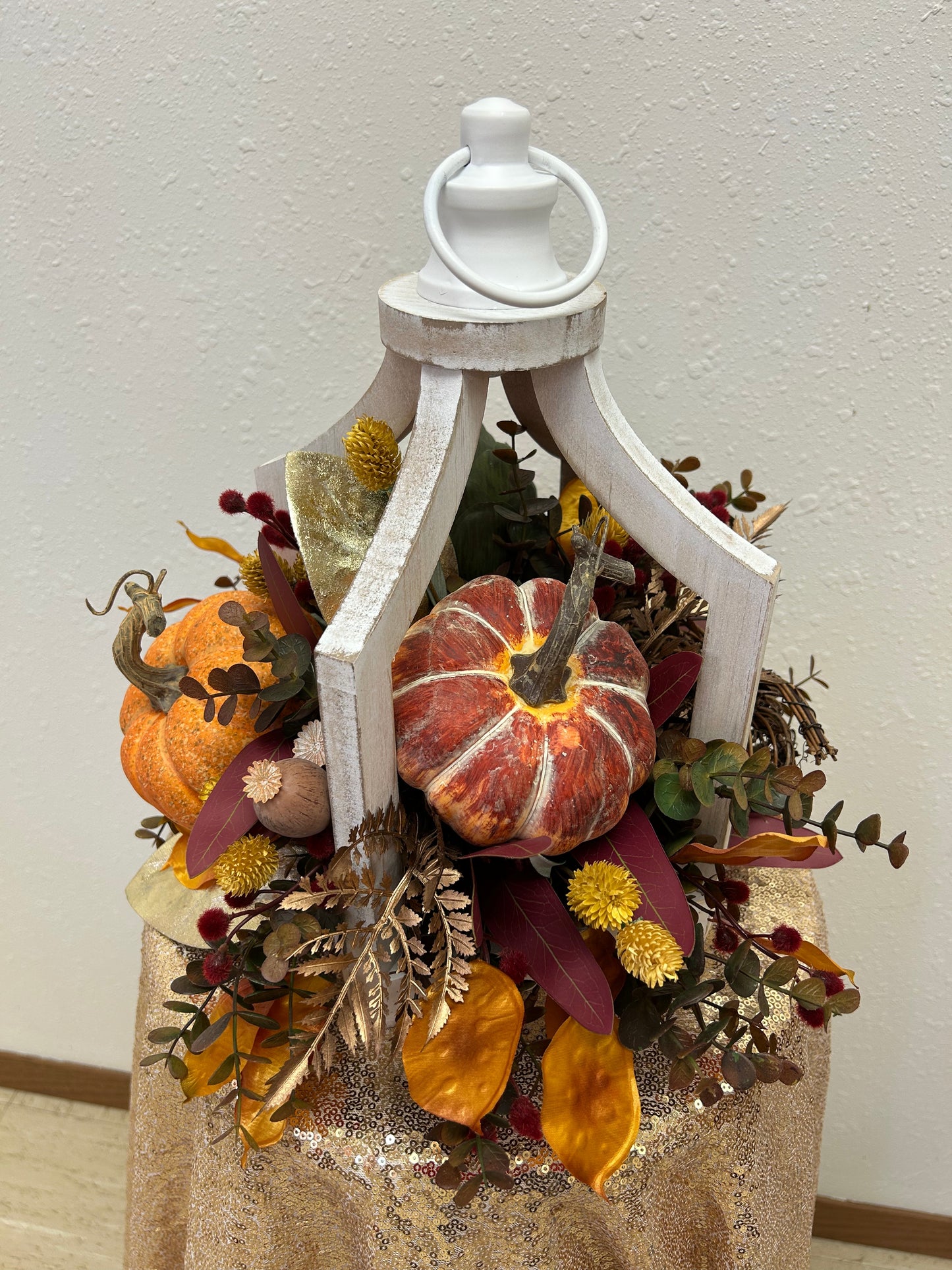 Whitewash Fall Lantern with Mixed Pumpkins