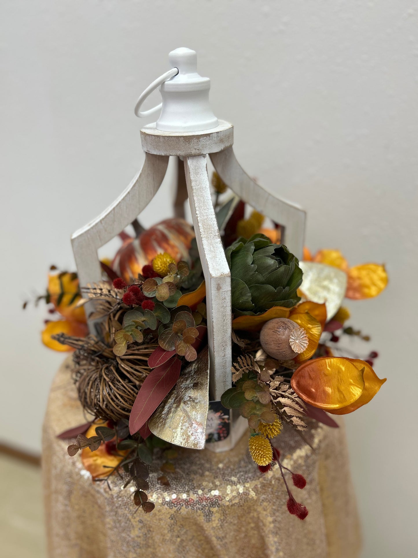 Whitewash Fall Lantern with Mixed Pumpkins