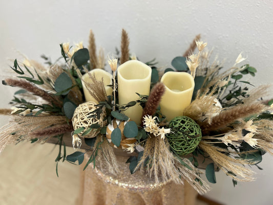 Pampas and Eucalyptus Candle Trio Centerpiece