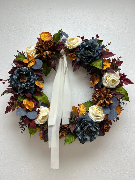 Navy, Cream & Gold Fall Wreath