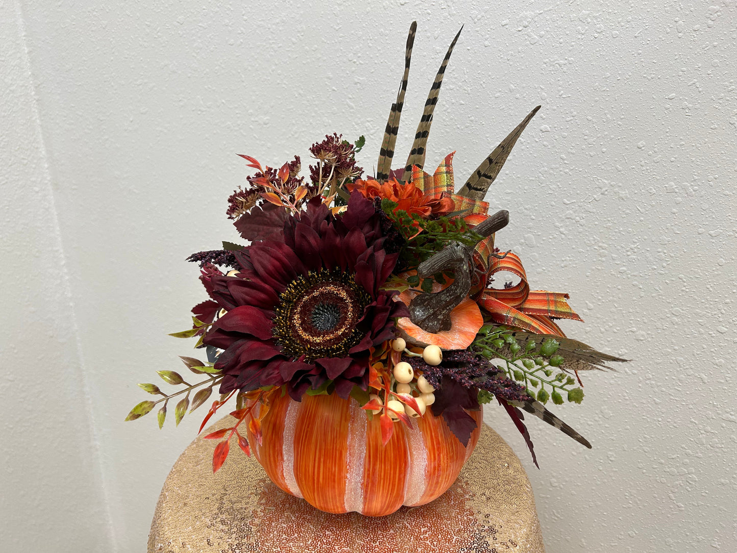 Burgundy Sunflower Pumpkin Arrangement