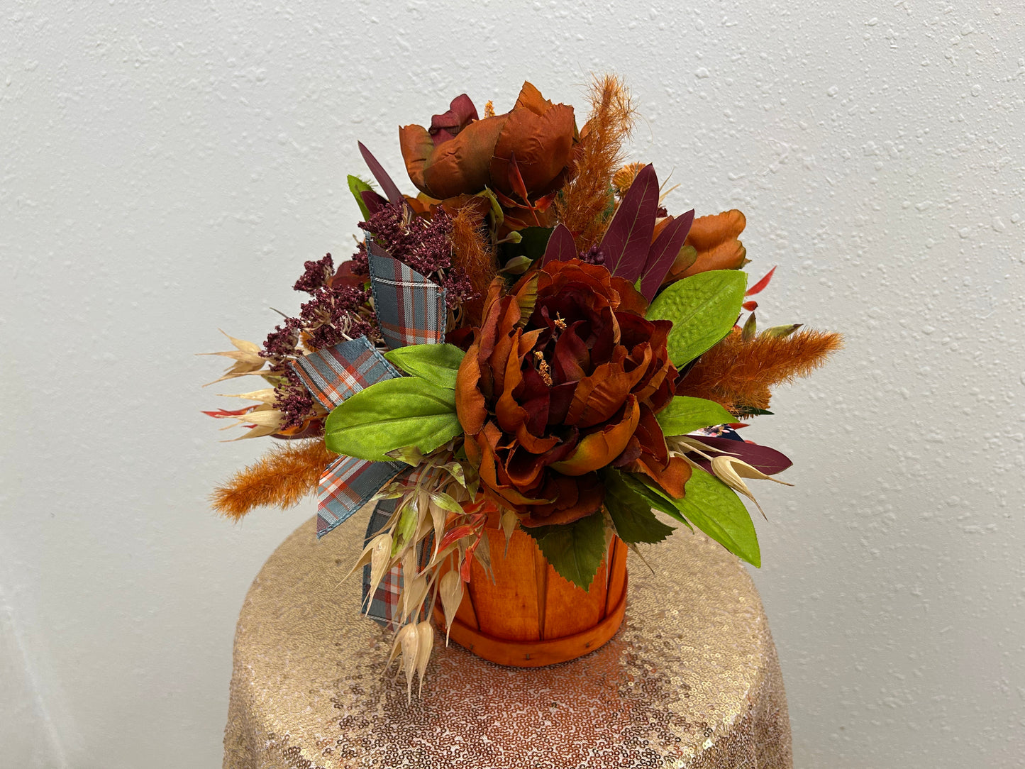 Orange Peony Bushel Basket Arrangement